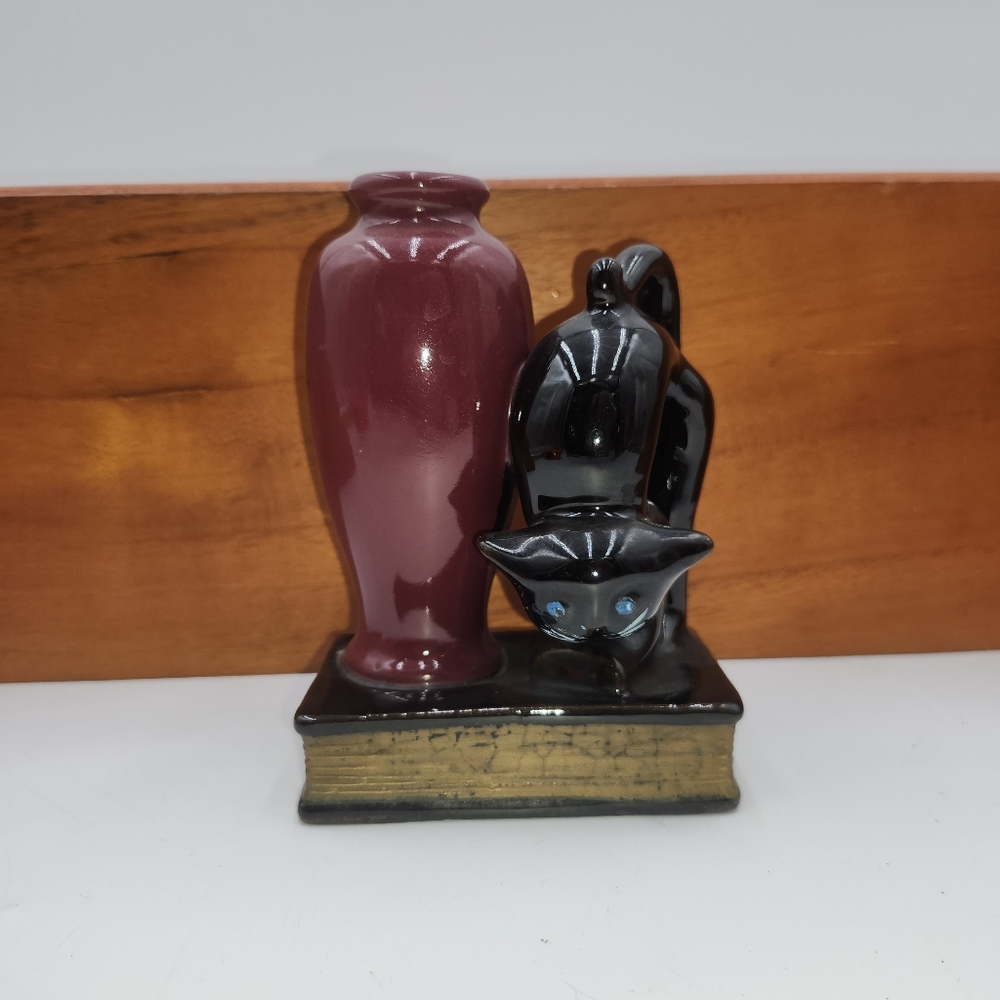Vintage Redware Black Cat W/ Bud Vase on book bookend Made In Japan - Picture 9 of 10